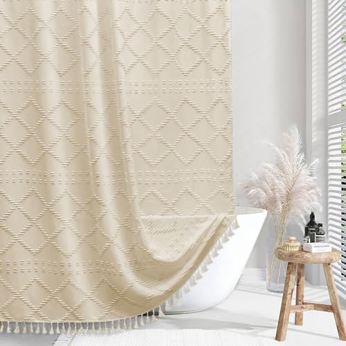 Extra langer Boho Farmhouse Duschvorhang Gewebter Stoff Creme/Beige Duschvorhang, 72 x 78 Getuftet Chevron Strukturiert Gestreift Modern Minimalistisch Tuch Duschvorhang Set mit Haken für Badezimmer von Siiluminisoy