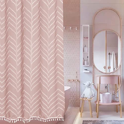 Extra langer rosa Boho-Duschvorhang mit weißer Quaste, gewebter Stoff, 213,4 cm, getufteter Chevron-Streifen, 72 x 84, modern, schick, strukturiert, minimalistisch, niedlicher Duschvorhang für Extra langer rosa Boho-Duschvorhang mit weißer Quaste, gewebter Stoff, 213,4 cm, getufteter Chevron-Streifen, 72 x 84, modern, schick, strukturiert, minimalistisch, niedlicher Duschvorhang für von Siiluminisoy