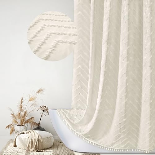 Siiluminisoy Farmhouse Boho Duschvorhang, gewebter Stoff, Cremefarben, langer Duschvorhang, 72 x 78 cm, getuftet, Chevron, gestreift, modern, schick, strukturiert, minimalistisch, von Siiluminisoy