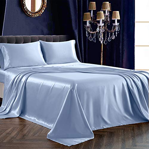 SiinvdaBZX 3-teiliges Satin-Bettwäsche-Set, Doppelbettgröße, ultra-seidig, weich, babyblau, Satin, Bettlaken für Doppelbetten mit tiefer Tasche, 1 Bettlaken, 1 Kissenbezüge mit Hotelverschluss von SiinvdaBZX