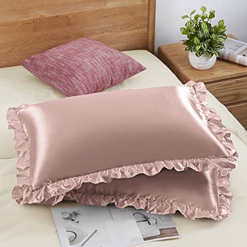 SiinvdaBZX Gerüschter Standard-Satin-Kissenbezug, 2er-Set, Roségold, seidige Satin-Kissenbezüge für Frauen, Rüschen-Kissenbezüge, Prinzessinnenraumdekoration, mit Hotelverschluss von SiinvdaBZX