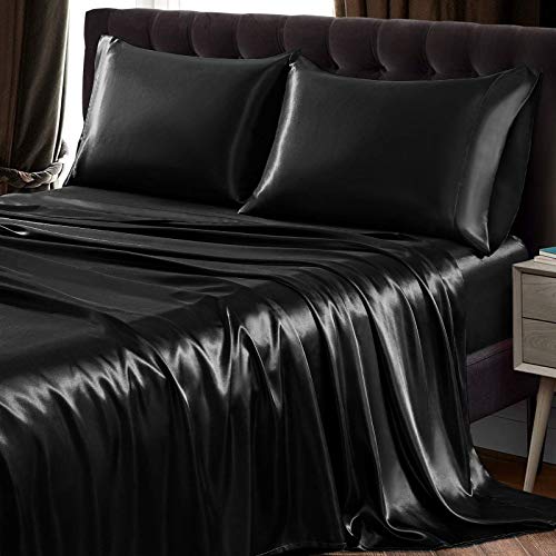 SiinvdaBZX Satin-Bettwäsche-Set für King-Size-Betten, ultraseidig, weich, schwarz, Satin, King-Size-Bettlaken, mit tiefer Tasche, 1 Spannbetttuch, 2 Kissenbezüge mit Hotelverschluss, 4-teilig von SiinvdaBZX