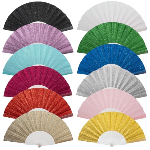 SiissaPeksid 12 Stück Handventilator, faltbarer Handfächer mit glänzender, transparenter Fächerrippe – ideal für Hochzeit, Kirche, Festival, Tanz, Teeparty, Club und EDM-Zubehör, gemischt von SiissaPeksid