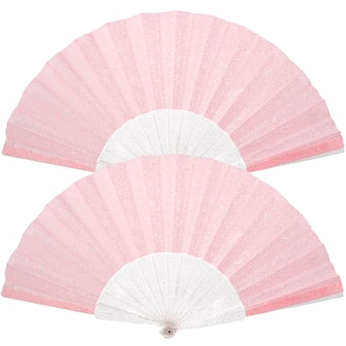 SiissaPeksid 2 Stück Glitzer Frauen Handventilator mit glänzender, transparenter Fächerrippe - Ideal für Hochzeit, Kirche, Festival, Tanz, Party, Abschlussball, Club und EDM Zubehör, Rosa von SiissaPeksid