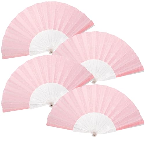 SiissaPeksid 4 Stück Glitzer Frauen Handventilator mit glänzender, transparenter Fächerrippe - Ideal für Hochzeit, Kirche, Festival, Tanz, Teeparty, Club und EDM Zubehör, Rosa von SiissaPeksid