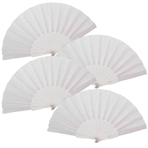 SiissaPeksid 4 Stück Glitzer Frauen Handventilator mit glänzender, transparenter Fächerrippe - Ideal für Hochzeit, Kirche, Festival, Tanz, Teeparty, Club und EDM Zubehör, Weiß von SiissaPeksid