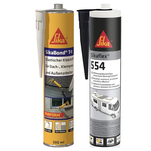 Bundle of Sika – Klebstoff für innen und außen – ideal für Dach- und Klempnerarbeiten – 300 ml + Montageklebstoff ideal für große Bauteile und hohe dynamische Belastung – Schwarz - 300 ml von Sika