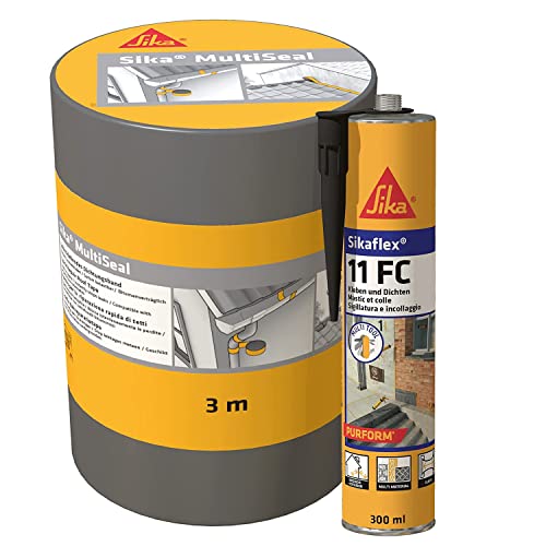 Sika - Dichtungsband + Dicht-/Klebstoff MultiSeal, selbstklebendes Dichtungsband, 3m x100mm, grau + Sikaflex 11FC Purform, Dicht-/Klebstoff multitool, 300 ml, schwarz von Sika