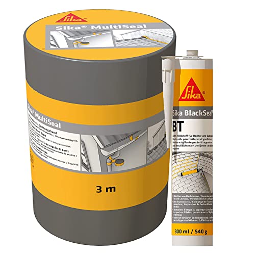 Sika - Dichtungsband + butylbasierender Dichtstof MultiSeal, selbstklebendes Dichtungsband, 3m x100mm, grau BlackSeal BT, Dicht-/Klebstoff für Dächer und Dachrinnen, 300 ml, schwarz von Sika