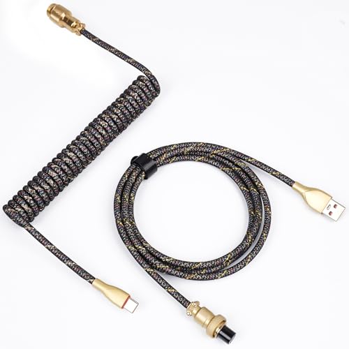 Sikai Coiled Cabel USB C für Gaming Tastatur,Keyboard Cable,Spiralkabel mit Aviator Stecker,Goldbeschichtet,Geflochten,Zweiteilig Einziehbar für Mechanische Tastaturen (nur Kabel, Schwarzes Gold) von Sikai