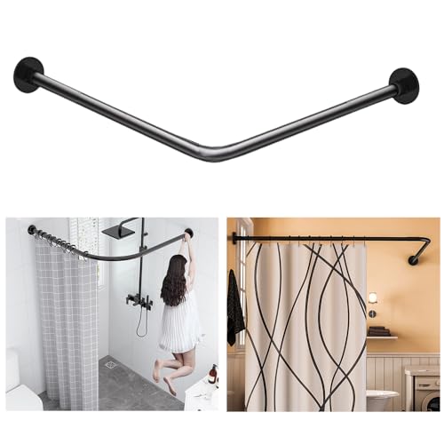 Sikaiqi Dehnbare 304 Edelstahl L-Form Duschvorhangstange, verstellbar (Schwarz, 60-92 cm x 60-92 cm), 90° gebogen, bohrfreie Installation, rostfrei & stabil, kein Durchhängen – Ideal für Bad von Sikaiqi