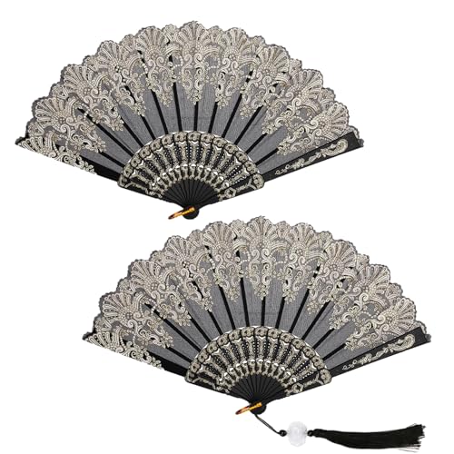 Sikweny 2 Stück Fächer Spitze Handfächer Klein Hand Fan Golddruck Design Fecher Sommer Golddruck Design Handfächer Stabil Faltbar für Tanzaufführung Hochzeitsdekoration (Schwarz) von Sikweny