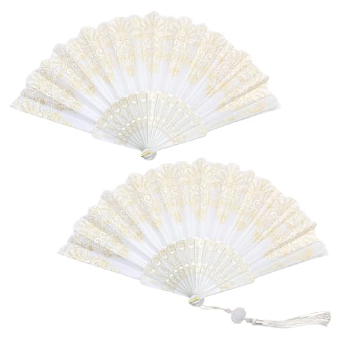 Sikweny 2 Stück Fächer Spitze Handfächer Klein Mit Spitzen-Fächertasche Hand Fan Golddruck Design Fecher Sommer Golddruck Design Handfächer Stabil Faltbar für Tanzaufführung Hochzeitsdekoration (Weiß) von Sikweny