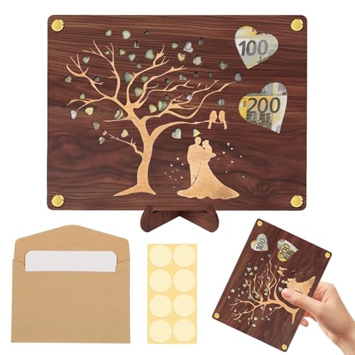 Sikweny Geldgeschenk Hochzeit, Hochzeitsgeschenk Geld, Hochzeitsgeschenke für Brautpaar, Geldgeschenk Aus Holz Inkl, Hochzeitskarte Edel Aus Holz mit Ständer, für Hochzeitskarten Glückwunschkarten von Sikweny