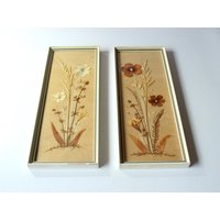 2 Bilder Vintage Blumen Gepresst Wandschmuck Herbarium Handmade Picture Trockenblumen Holzrahmen Länglich Mid Century Wanddeko Blumenkunst von SilaVintageandmore