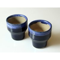 2 Eierbecher 70Er 80Er Vintage Handgetöpfert Keramik Egg Cups Mid Century Retro Küche Blau Handmade West Germany von SilaVintageandmore