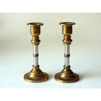 2 Seltene Messing Und Edelstahl Massive Kerzenleuchter Vintage Kerzenhalter Mid Century Kerzenständer 1960Er70Er Candle Holder Dinner Table von SilaVintageandmore