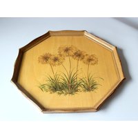 Großes Besonderes Florentiner Tablett Vintage Serviertablett Holz Achteckig Boho Botanik Motiv Gräser Mid Century 1960Er Shabby Tray Florenz von SilaVintageandmore