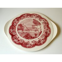 Grünstadt Edelkeramik Große Runde Kuchenplatte Tortenplatte Porzellan Servierplatte Platte Vintage 60Er Keramik Alt Englisch Rot Weiß von SilaVintageandmore