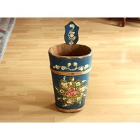 Schirmständer Holz Vintage Bauernmalerei 50Er 60Er Handarbeit Mid Century Umbrella Stand Bavarian Style Solid Wood Handmade Blau Floral von SilaVintageandmore