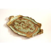 Seltenes Kleines Florentiner Tablett Vintage Serviertablett Mit Griffen Boho Türkis Gold Mid Century 1960Er Barock Style Tray Florenz Italy von SilaVintageandmore