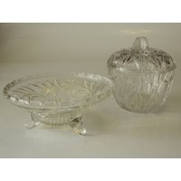 Set Bonboniere Schale Und Deckeldose Vintage Glas Schmuckdose Kristallglas 50Er Jahre Tripod Glass Bowl von SilaVintageandmore