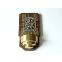 Weihwasserbecken Zum Aufhängen Vintage Glas Metall Messing Relief Bild Wandschmuck Schutzbild Religiöses Antonius Holy Water Font 50S von SilaVintageandmore