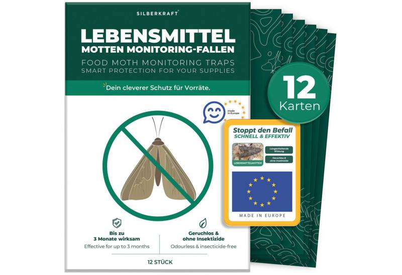 Silberkraft Insektenfalle Lebensmittelmottenfallen 12 Stück inkl. Gratis E-Book per QR-Code, Pheromon-Leimfallen zur Befallsüberwachung von Lebensmittelmotten von Silberkraft