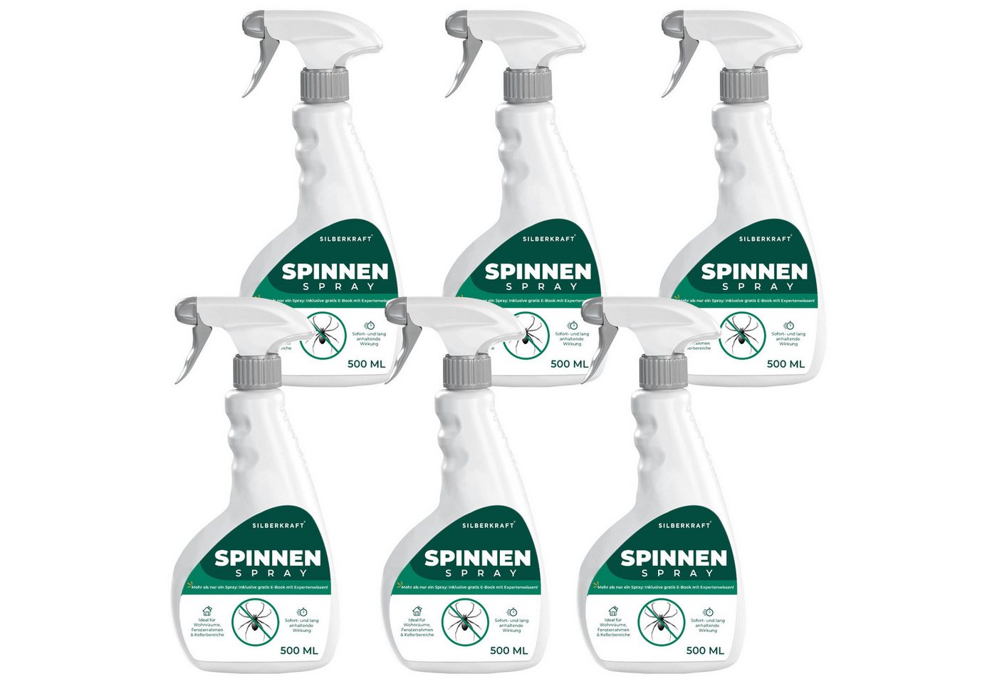 Silberkraft Insektenspray Spinnenspray 500 ml inkl. Gratis E-Book Gebrauchsfertiges Spray, Gezielt auf Ecken, Ritzen, Spalten oder hinter Möbeln sprühen, 6-St., Pumpspray: für sofortige & präzise Handhabung, Abwehr von Spinnen in Wohnräumen, Kellern & an Fensterrahmen von Silberkraft