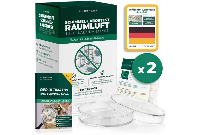 Silberkraft Schimmeltest Raumluft mit Laboranalyse & Außenluft-Vergleich Schimmelentferner (Schimmeltest mit Außenluft-Referenz, [2-St. Einfache Luftprobenahme, Umfassender Laborbericht Professionelle Gattungsbestimmung, Made in Germany) von Silberkraft