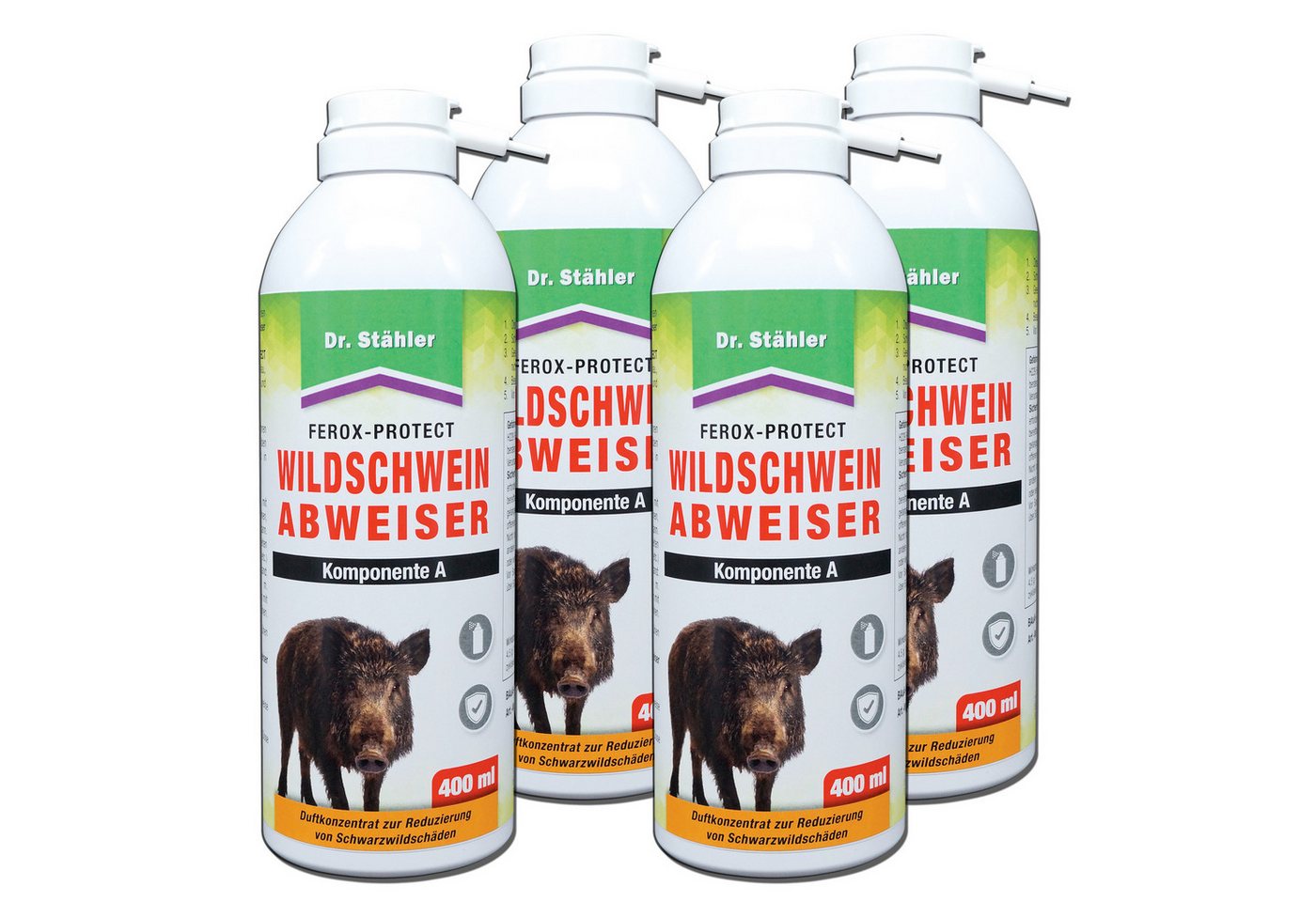 Silberkraft Vergrämungsmittel Ferox-Protect Wildschweinabweiser Spray - Komponente A, 400 ml, Wechselweise Anwendung mit Komponente B empfohlen, 4-St., Spray für Aluminiumstreifen mit Filzdepot, Schutz für Garten, Felder, Grundstück, Forst und Waldrand von Silberkraft