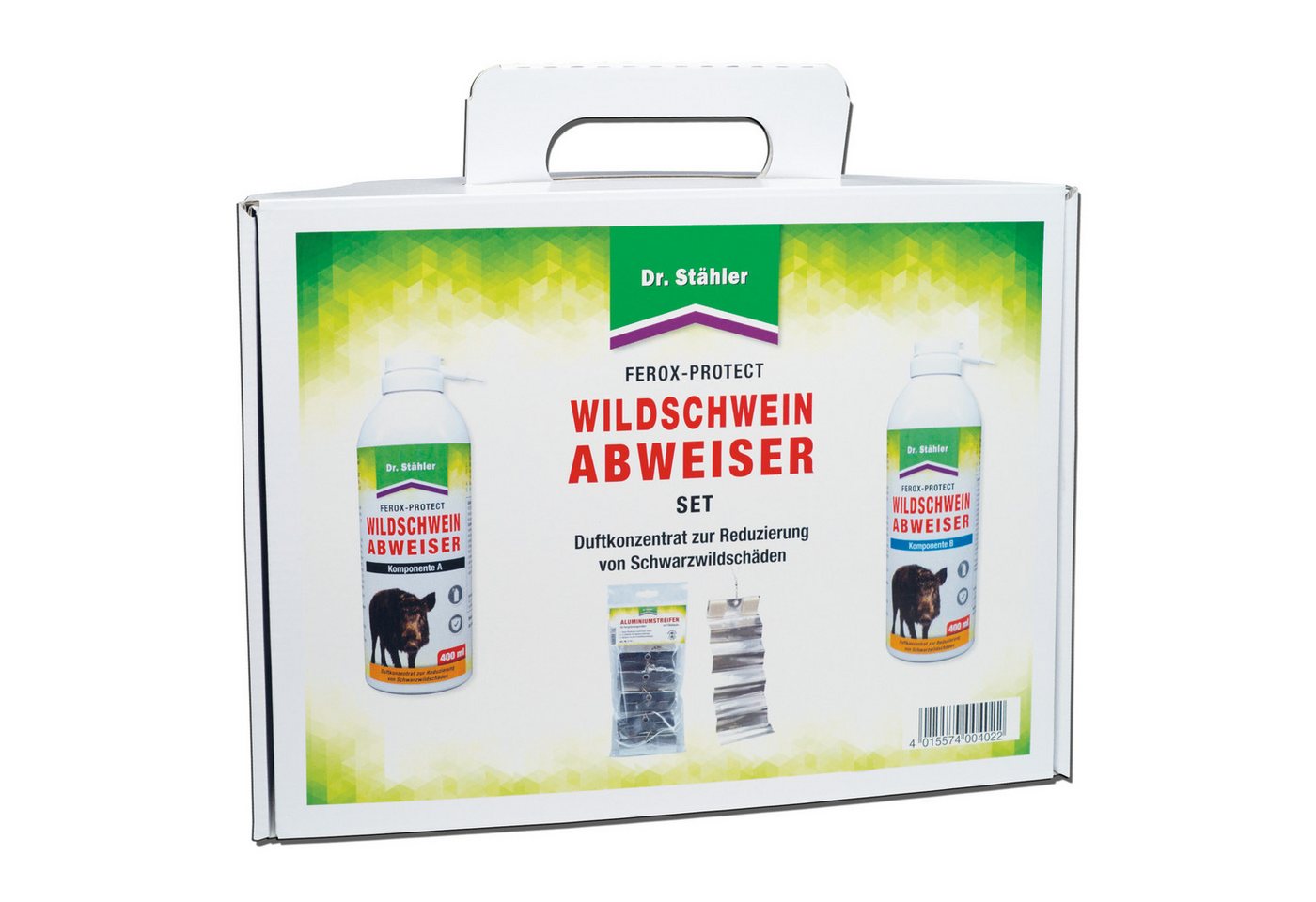Silberkraft Vergrämungsmittel Ferox-Protect Wildschweinabweiser Spray-Set zur Wildschweinabwehr, Wildschweinabweiser Set – Duft- & Geräuschbarriere für Garten & Feld, 1-St., Ferox-Protect Wildschweinabwehr-Set Spray & Alustreifen im Kombi-Pack, 2 Sprays 5 Aluminiumstreifen mit Filzdepot für Duft- und Bewegungsreiz von Silberkraft