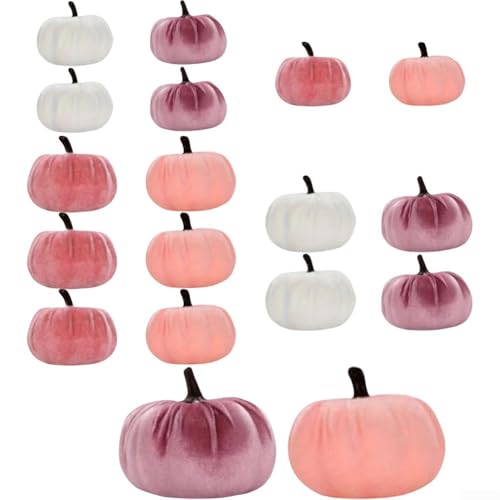 Set mit 18 Samtschaum-Kürbisse mit goldenen Zweigstielen für Halloween und Thanksgiving, saisonale Tischdekoration von Sileduove