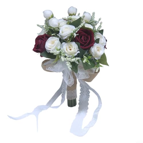 Sileduove Braut-Rosenstrauß mit elegantem Spitzenband, künstliches Blumenarrangement für Hochzeitszeremonie, 20 x 25 cm, Weinrot von Sileduove