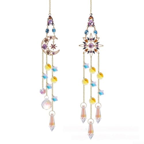 Sileduove Dekoratives Stern-Mond-Windspiel für den Innen- und Außenbereich, mit hängenden Quarz-Anhängern zur Verschönerung von Garten, Fenster und Tür von Sileduove