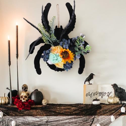 Sileduove Halloween-Kranz mit Spinne und Blumenmuster zum Aufhängen an der Tür, saisonale Dekoration, geeignet für Spukhauseingänge, Innenräume und Veranden im Freien von Sileduove