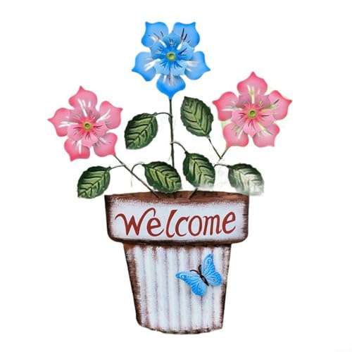 Sileduove Willkommensschild aus Metall für den Außenbereich mit Blumentopf und Sonnenblumen-Design für Garten, Hof, Terrasse oder Innenhof, aus wetterbeständigem Eisen für den Außenbereich (weiß) von Sileduove