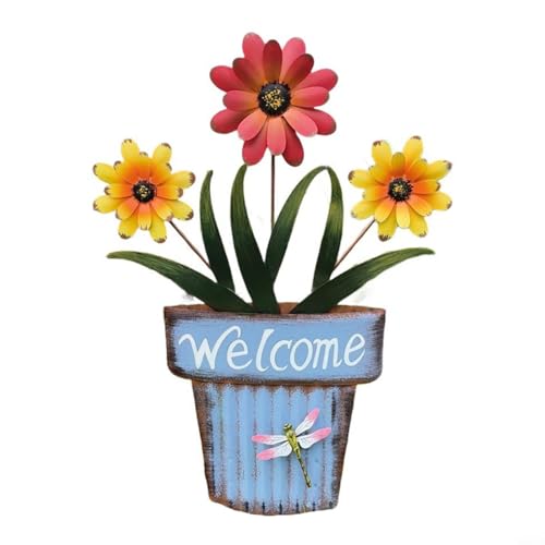 Sileduove Willkommensschild aus Metall für den Außenbereich mit Blumentopf und Sonnenblumen-Design für Garten, Hof, Terrasse oder Innenhof, aus wetterbeständigem Eisen für den Außenbereich (blau) von Sileduove