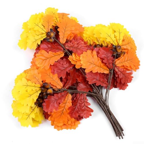 Simulierte Eichenfrucht Kunststoff Blatt Wanddekoration für Zuhause und Veranstaltung, 12 Zweige mit mehreren Blättern für Innen- und Außenbereich dekorative Zwecke (Gelb Rot) von Sileduove