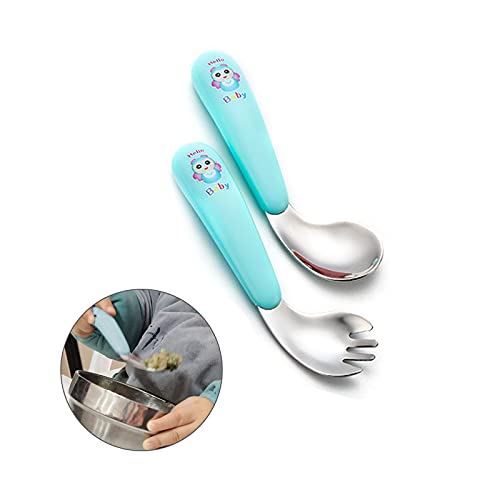Silent Kinder Besteck Set Gebogener Griff Training LöFfel Gabeln Edelstahl Baby LöFfel Gabel Gebogen FüTterlöFfel Baby LöFfel Gabel Set Griff HitzebestäNdig, Selbstlernende LernlöFfel (grün) von Silent-Qiaoyou