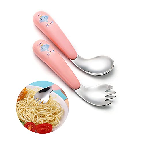 Kinder Besteck Set Gebogener Griff Training LöFfel Gabeln Edelstahl Baby LöFfel Gabel Gebogen FüTterlöFfel Baby LöFfel Gabel Set Griff HitzebestäNdig, Selbstlernende LernlöFfel (pink) von Silent-Qiaoyou