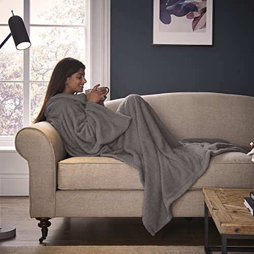 Silentnight Snugsie Tragbare Decke – Weiche Teddy-Fleece-Decke mit Ärmeln – 2-in-1-Decke mit Ärmeln und Kissen – Übergröße, mit Fußtasche von Silentnight