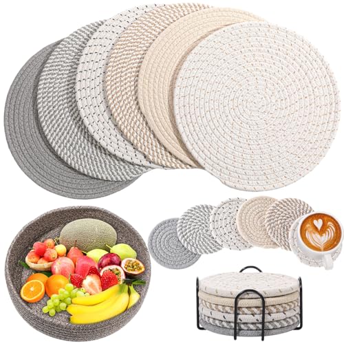 Runde gewebte Boho-Tischsets im Boho-Stil, Set mit 4/6/8, 30 cm, gewebtes Baumwollseil, runde Tischsets mit Korb, 10,9 cm Getränkeuntersetzer mit Halter, rutschfeste und hitzebeständige Tischsets für Runde gewebte Boho-Tischsets im Boho-Stil, Set mit 4/6/8, 30 cm, gewebtes Baumwollseil, runde Tischsets mit Korb, 10,9 cm Getränkeuntersetzer mit Halter, rutschfeste und hitzebeständige Tischsets für von SiliFine
