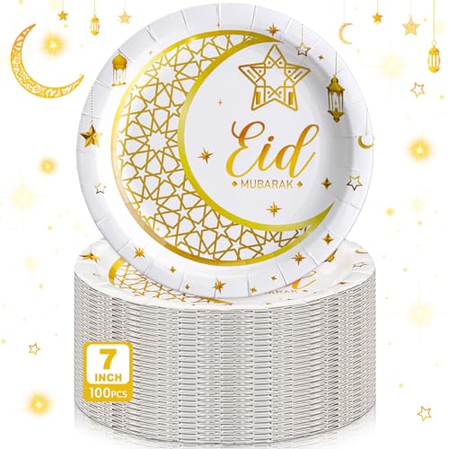 SiliFine 100 Stück Eid Al Adha Islamische Ramadan Party Dekorationen Supplies Eid Adha muslimische Pappteller Bulk 17,8 cm Einweg-Dessertteller Mubarak Abendessen Geschirr Dekoration (Weiß und Gold) von SiliFine