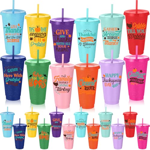 SiliFine 24 Stück 680 ml Thanksgiving-Day-Becher, wiederverwendbar, Kunststoff, Trinkgläser mit Deckel und Strohhalm, niedliche Leckereien, Snackbecher, lustig, glänzende Becher für Kaffee, Tee, kalte SiliFine 24 Stück 680 ml Thanksgiving-Day-Becher, wiederverwendbar, Kunststoff, Trinkgläser mit Deckel und Strohhalm, niedliche Leckereien, Snackbecher, lustig, glänzende Becher für Kaffee, Tee, kalte von SiliFine