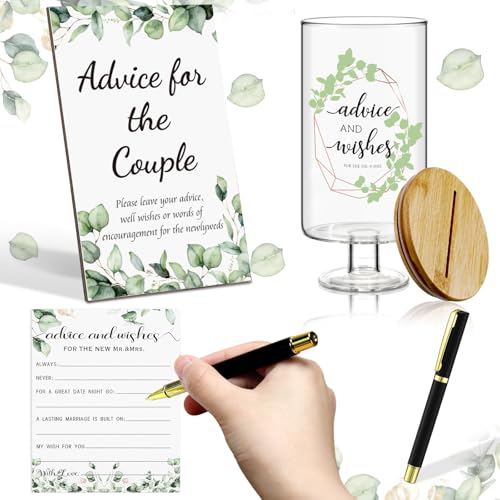 SiliFine 53 Stück Ratschläge und Wünsche für den Herrn und Frau Ratschläge und Wünsche Glas Alternative Hochzeit Gästebuch Andenken Box Spiele Grün Holz Hochzeitsschild Dekorationen für Empfang von SiliFine