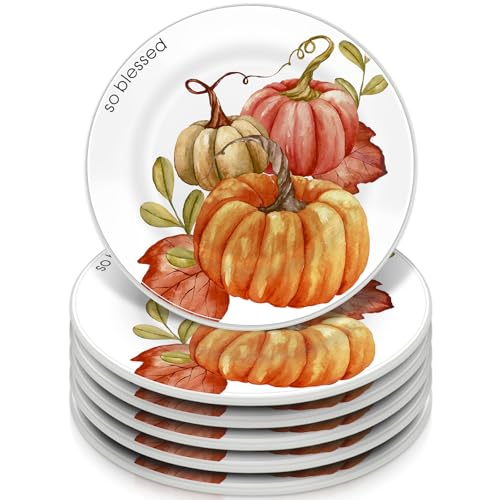 SiliFine 6 Stück 15,2 cm große Herbstteller, Thanksgiving-Salatteller, Keramik-Dessertteller, Herbstblätter, Kürbisplatte, Herbsternte-Teller, Vorspeise für Thanksgiving, Abendessen, Dekoration von SiliFine