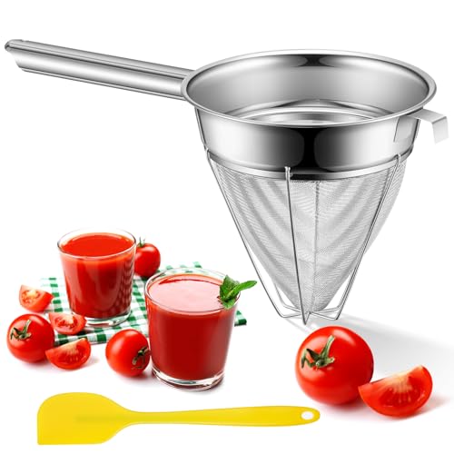SiliFine Edelstahl verstärktes Bouillon-Sieb, Sieb, Kegel, feinmaschiges Sieb mit Griff und Holzstößel für Küche, Lebensmittel, Kochen (20,3 cm) von SiliFine