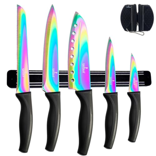 SiliSlick Messerset, 5 Scharfe Küchenmesser als Set | Titanbeschichtung mit Regenbogeneffekt, Inklusive Magnetleiste für Messer und Messerschärfer (Schwarzer Griff | Schwarze Leiste) von SiliSlick