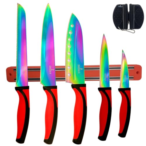 SiliSlick Messerset, 5 Scharfe Küchenmesser als Set | Titanbeschichtung mit Regenbogeneffekt, Inklusive Magnetleiste für Messer und Messerschärfer (Roter Griff | Rote Leiste) von SiliSlick